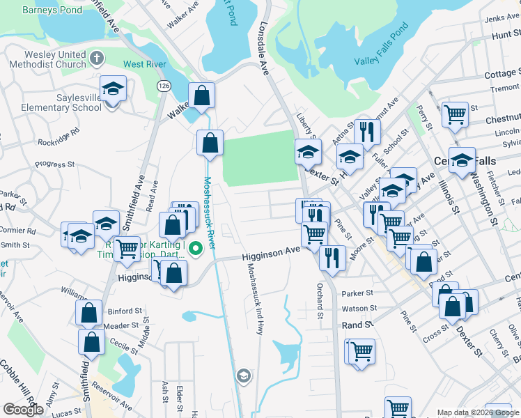map of restaurants, bars, coffee shops, grocery stores, and more near 92 Cleveland Street in Central Falls