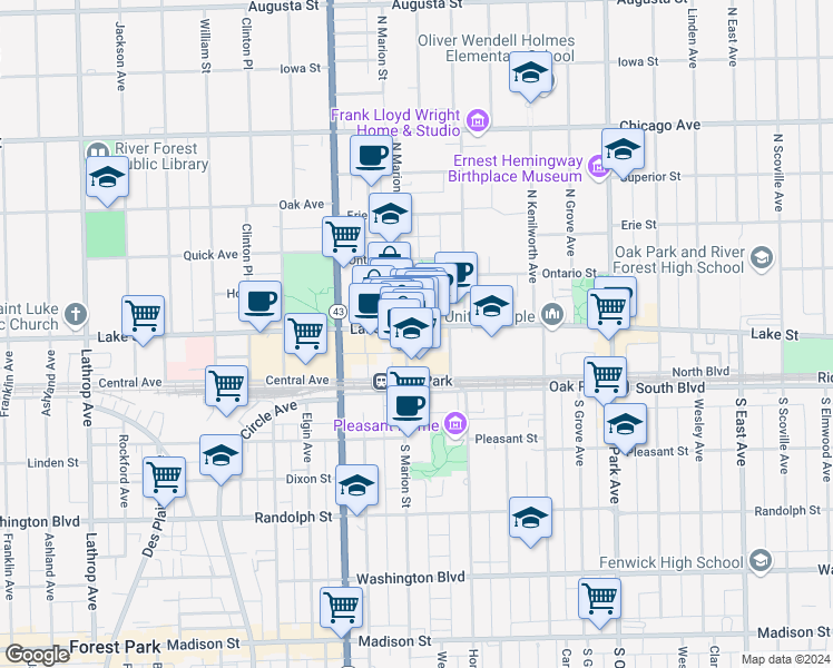 map of restaurants, bars, coffee shops, grocery stores, and more near 1048 Lake Street in Oak Park