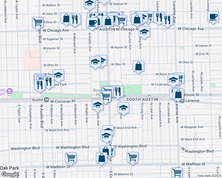 map of restaurants, bars, coffee shops, grocery stores, and more near 447 North Central Avenue in Chicago