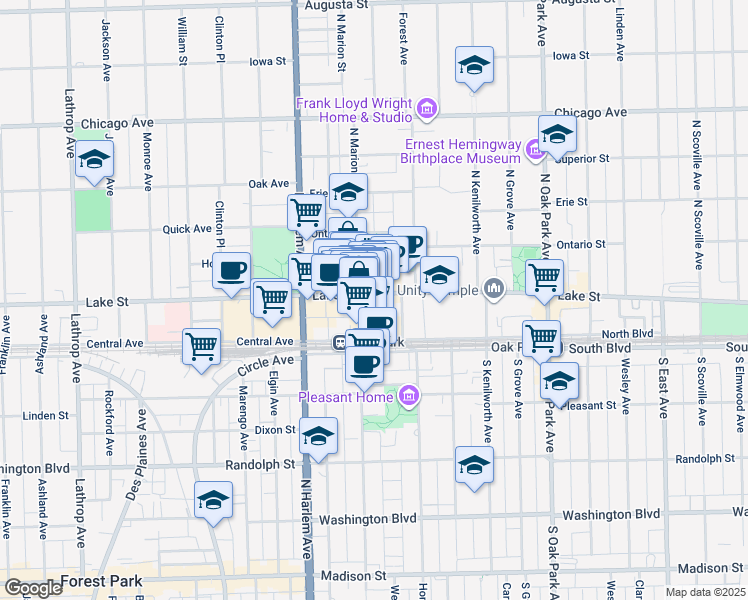 map of restaurants, bars, coffee shops, grocery stores, and more near 1048 Lake Street in Oak Park