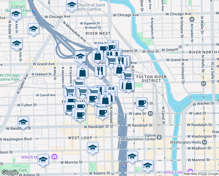 map of restaurants, bars, coffee shops, grocery stores, and more near 830 North Halsted Street in Chicago
