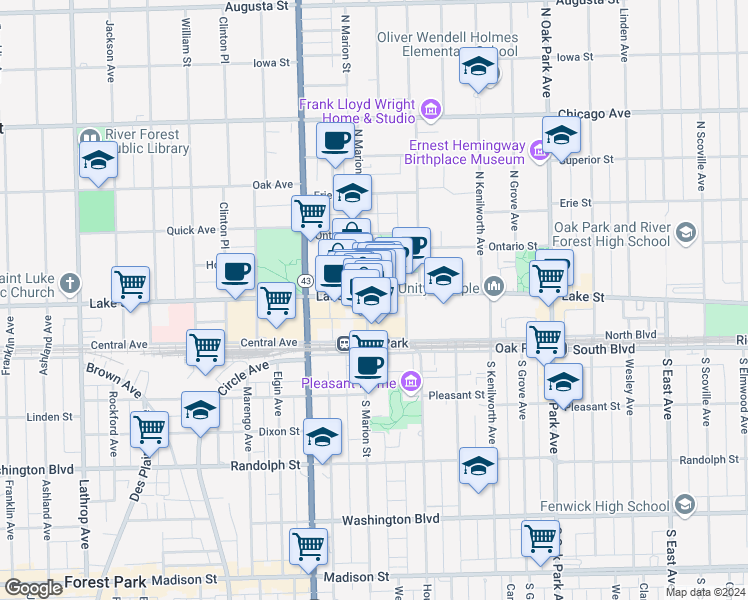 map of restaurants, bars, coffee shops, grocery stores, and more near 1048 Lake Street in Oak Park