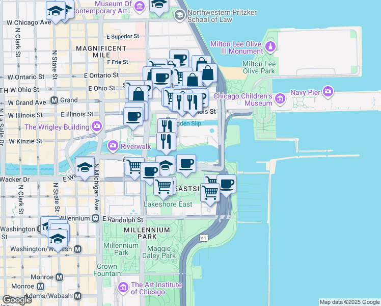 map of restaurants, bars, coffee shops, grocery stores, and more near Michigan Avenue Bridge, IL - Navy Pier, IL in Chicago