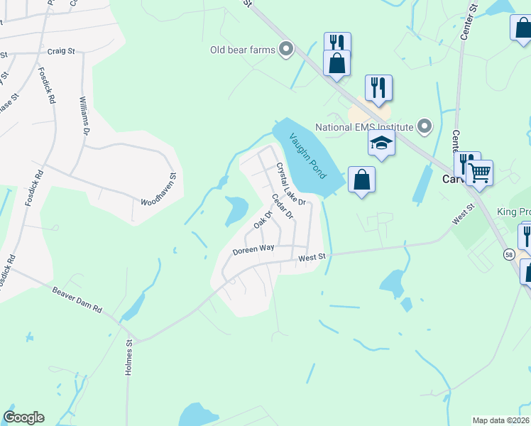map of restaurants, bars, coffee shops, grocery stores, and more near 46 Cedar Drive in Carver