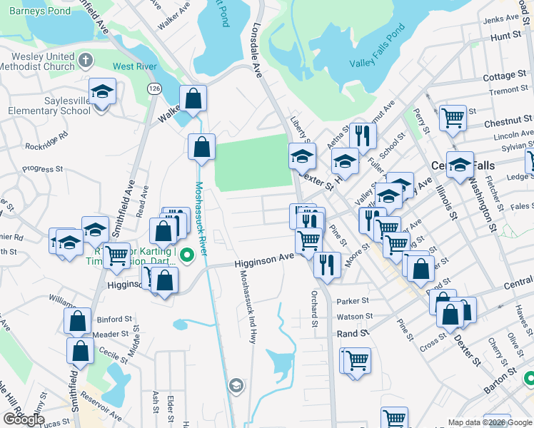 map of restaurants, bars, coffee shops, grocery stores, and more near 53 Wetmore Street in Central Falls