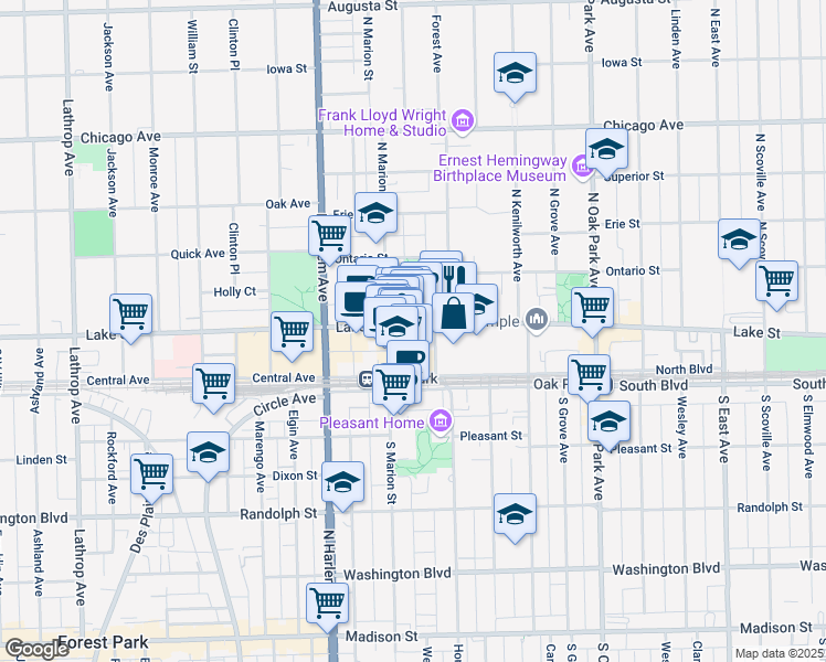 map of restaurants, bars, coffee shops, grocery stores, and more near 1010 Lake Street in Oak Park