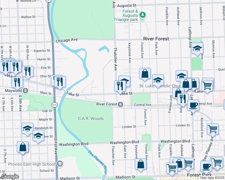 map of restaurants, bars, coffee shops, grocery stores, and more near 531 Edgewood Place in River Forest