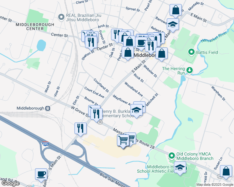 map of restaurants, bars, coffee shops, grocery stores, and more near 83 South Main Street in Middleborough