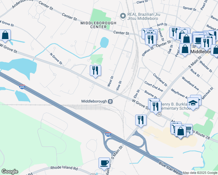 map of restaurants, bars, coffee shops, grocery stores, and more near 90 West Street in Middleborough