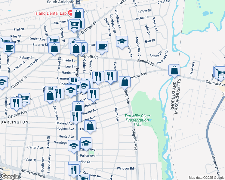 map of restaurants, bars, coffee shops, grocery stores, and more near 887 Central Avenue in Pawtucket