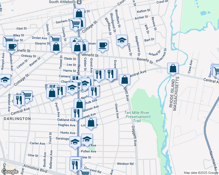 map of restaurants, bars, coffee shops, grocery stores, and more near 887 Central Avenue in Pawtucket