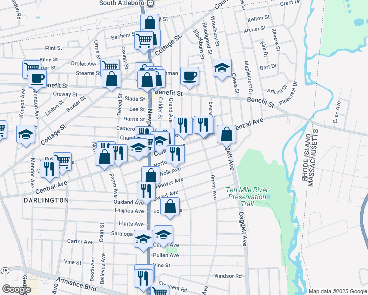 map of restaurants, bars, coffee shops, grocery stores, and more near 856 Central Avenue in Pawtucket