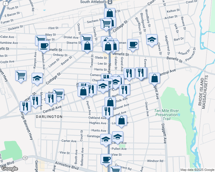 map of restaurants, bars, coffee shops, grocery stores, and more near 163 Chaplin Street in Pawtucket