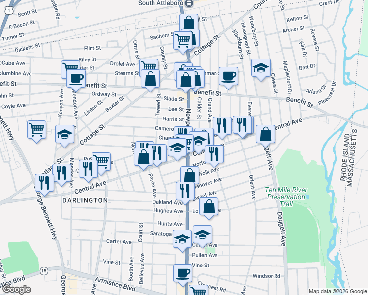 map of restaurants, bars, coffee shops, grocery stores, and more near 163 Chaplin Street in Pawtucket