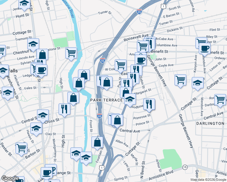 map of restaurants, bars, coffee shops, grocery stores, and more near 78 1/2 Japonica Street in Pawtucket