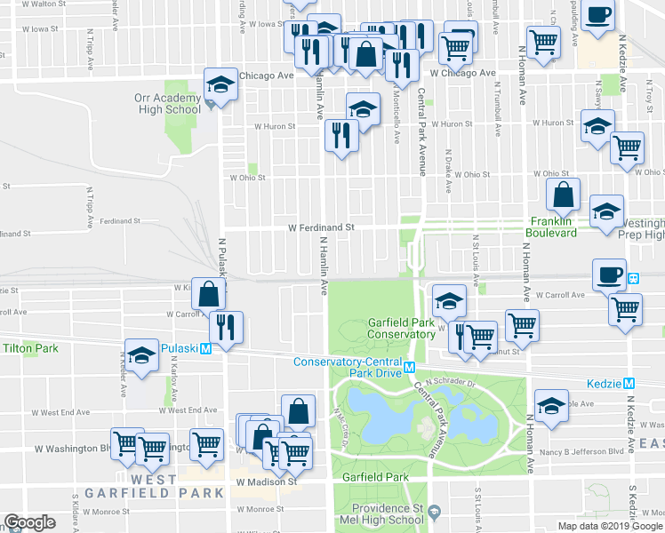 map of restaurants, bars, coffee shops, grocery stores, and more near 432 North Ridgeway Avenue in Chicago