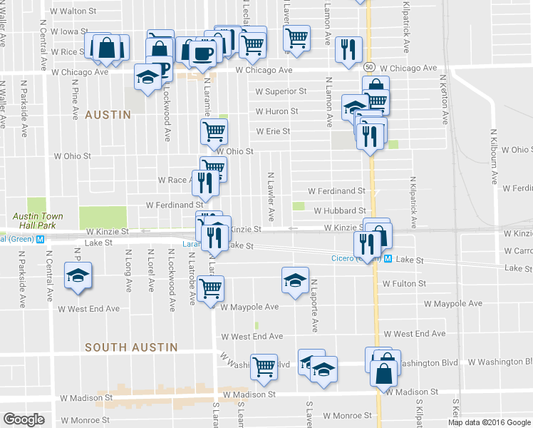 map of restaurants, bars, coffee shops, grocery stores, and more near 439 North Lawler Avenue in Chicago