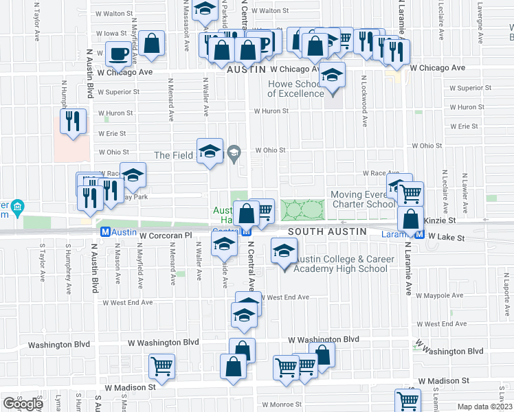 map of restaurants, bars, coffee shops, grocery stores, and more near 447 North Central Avenue in Chicago