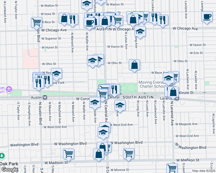 map of restaurants, bars, coffee shops, grocery stores, and more near 447 North Central Avenue in Chicago