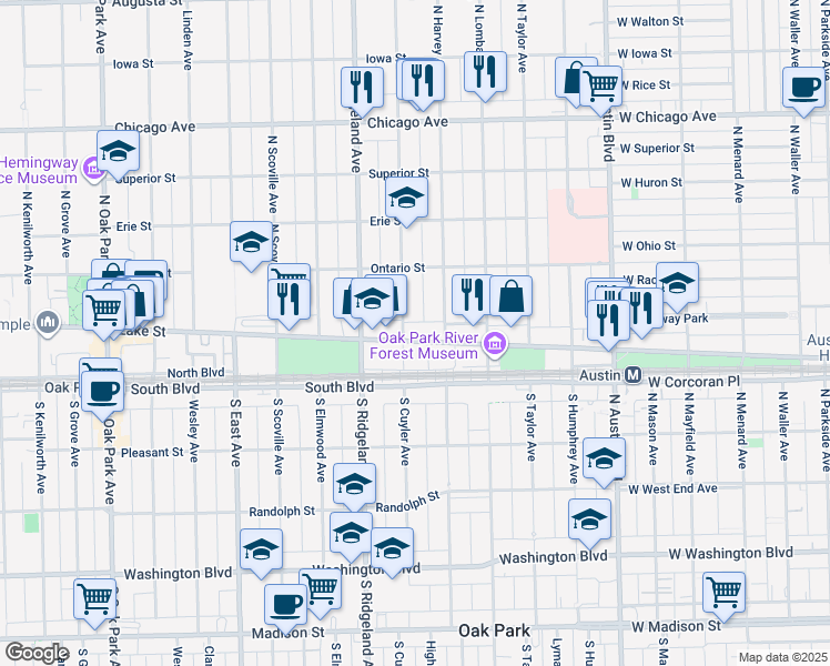 map of restaurants, bars, coffee shops, grocery stores, and more near 148 North Cuyler Avenue in Oak Park