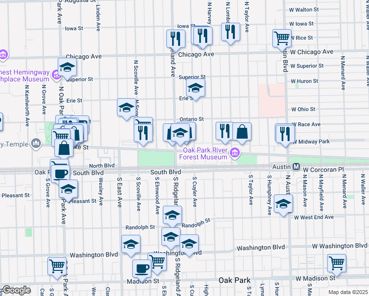 map of restaurants, bars, coffee shops, grocery stores, and more near 140 North Ridgeland Avenue in Oak Park