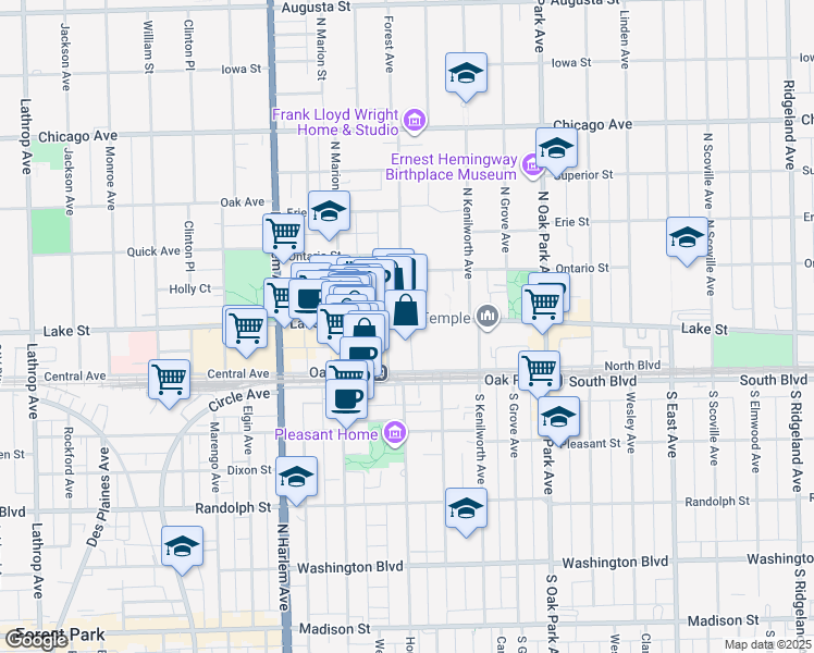 map of restaurants, bars, coffee shops, grocery stores, and more near 954 Lake Street in Oak Park
