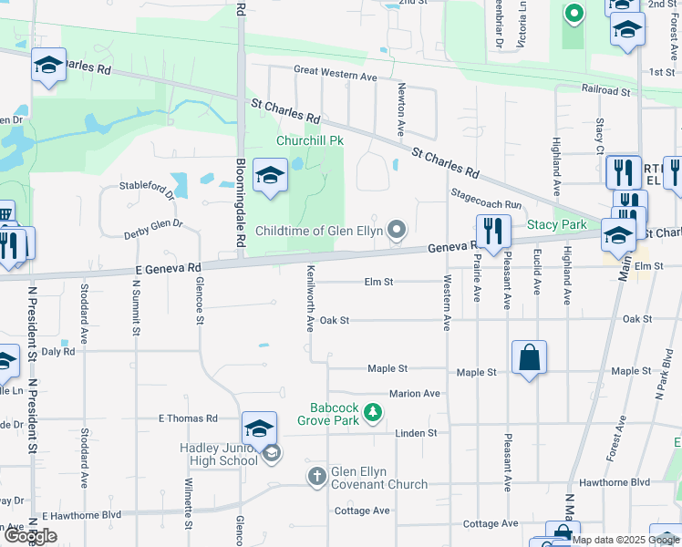 map of restaurants, bars, coffee shops, grocery stores, and more near 311 Geneva Road in Glen Ellyn