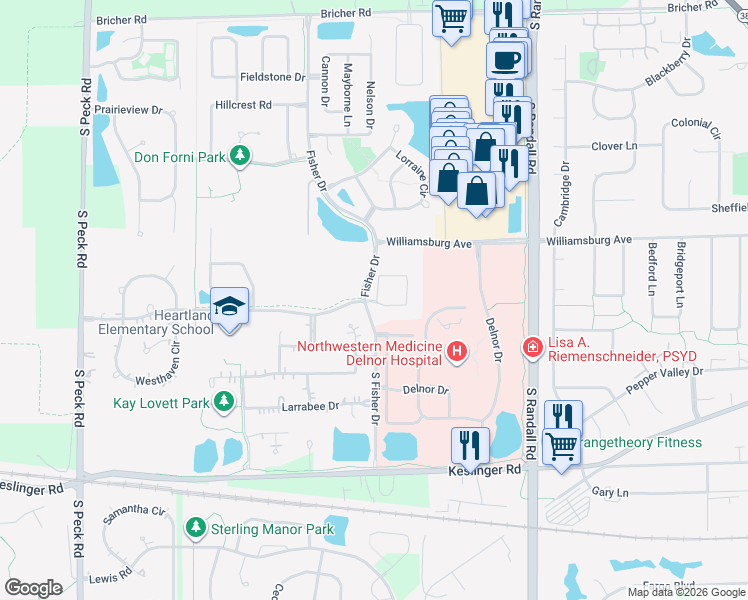 map of restaurants, bars, coffee shops, grocery stores, and more near 2676 Stone Circle in Geneva