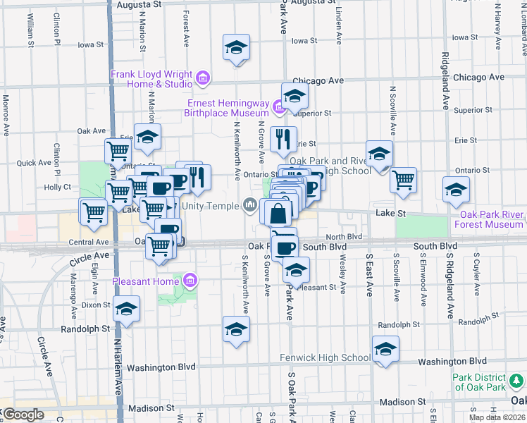 map of restaurants, bars, coffee shops, grocery stores, and more near 835 Lake Street in Oak Park