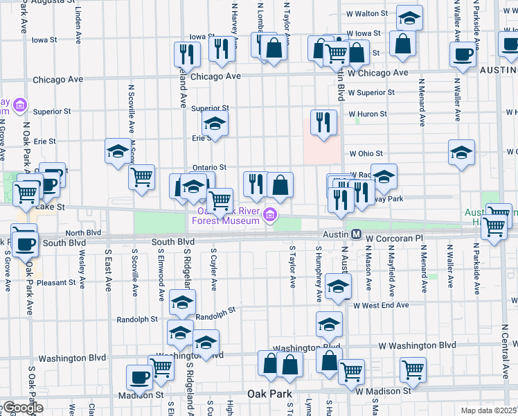 map of restaurants, bars, coffee shops, grocery stores, and more near 143 North Lombard Avenue in Oak Park