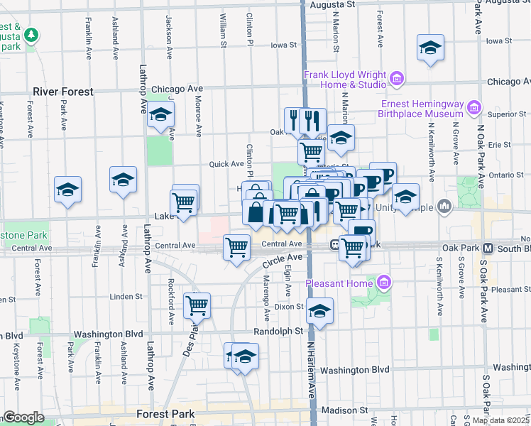 map of restaurants, bars, coffee shops, grocery stores, and more near Lake Street in River Forest