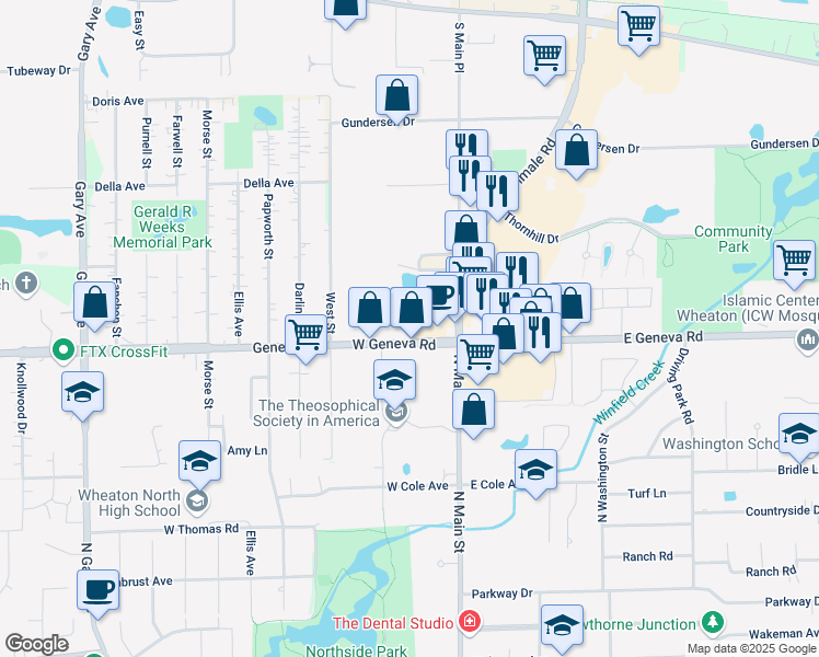 map of restaurants, bars, coffee shops, grocery stores, and more near 2200 N Main St in Wheaton