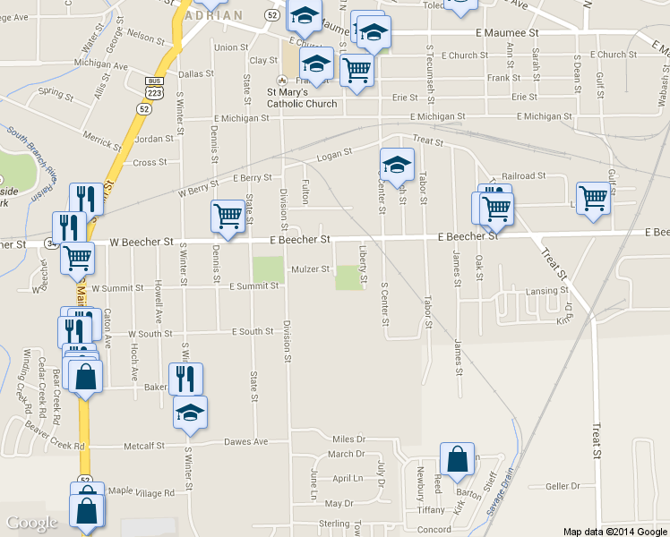map of restaurants, bars, coffee shops, grocery stores, and more near Haan Street in Adrian