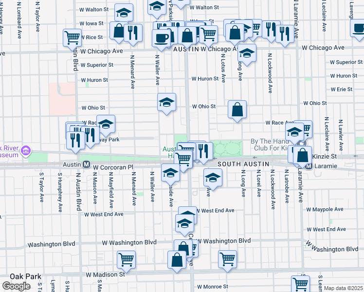 map of restaurants, bars, coffee shops, grocery stores, and more near 401 North Central Avenue in Chicago
