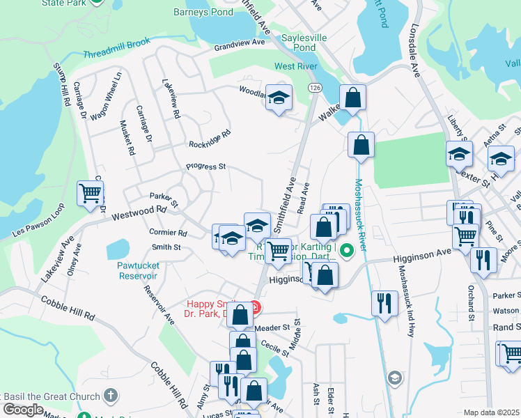 map of restaurants, bars, coffee shops, grocery stores, and more near 150 Jenckes Hill Road in Lincoln