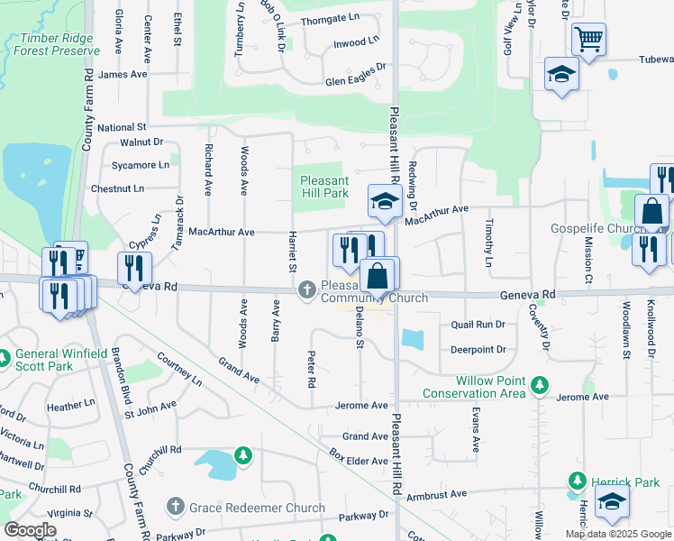 map of restaurants, bars, coffee shops, grocery stores, and more near 1N116 Delano Street in Carol Stream