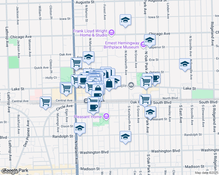 map of restaurants, bars, coffee shops, grocery stores, and more near 100 Forest Avenue in Oak Park