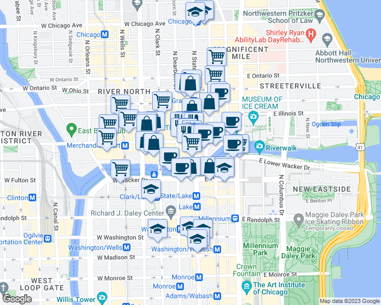 map of restaurants, bars, coffee shops, grocery stores, and more near 344 North State Street in Chicago