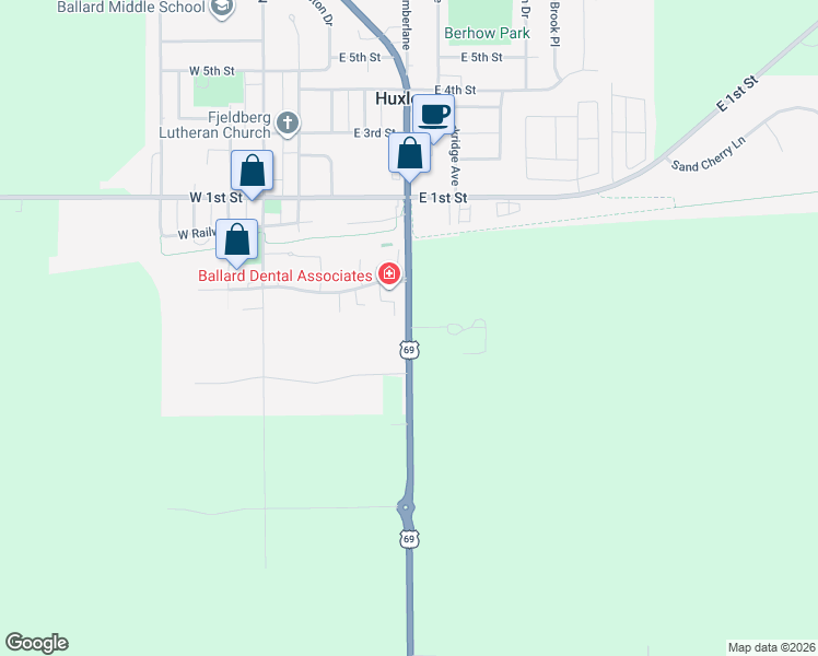map of restaurants, bars, coffee shops, grocery stores, and more near U.S. 69 in Huxley