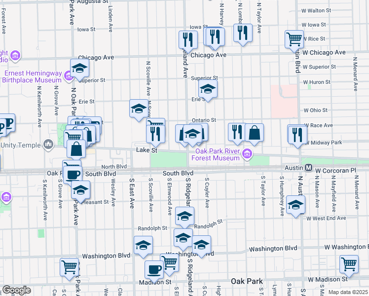 map of restaurants, bars, coffee shops, grocery stores, and more near 140 North Ridgeland Avenue in Oak Park