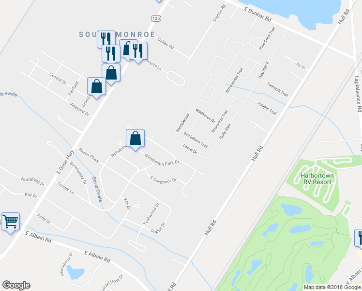 map of restaurants, bars, coffee shops, grocery stores, and more near 399 Laurel Drive in Monroe