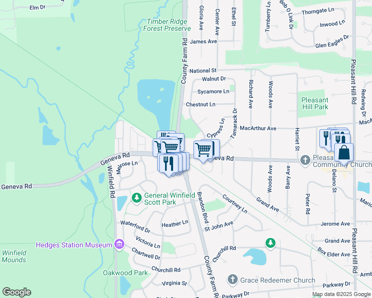 map of restaurants, bars, coffee shops, grocery stores, and more near 141 County Farm Road in Winfield