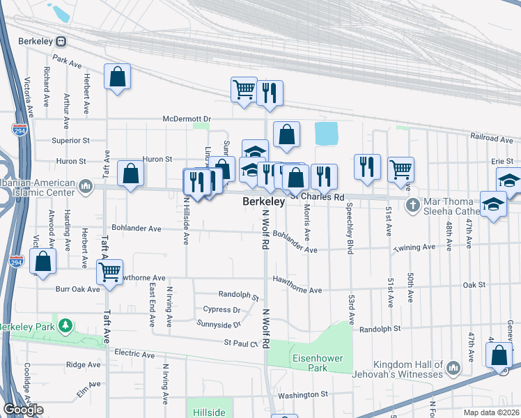 map of restaurants, bars, coffee shops, grocery stores, and more near 1414 North Wolf Road in Berkeley