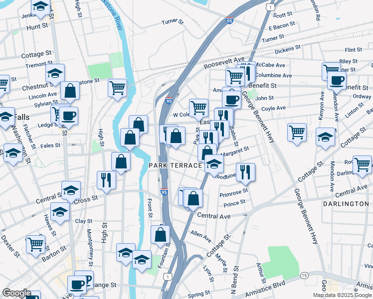 map of restaurants, bars, coffee shops, grocery stores, and more near 78 1/2 Japonica Street in Pawtucket