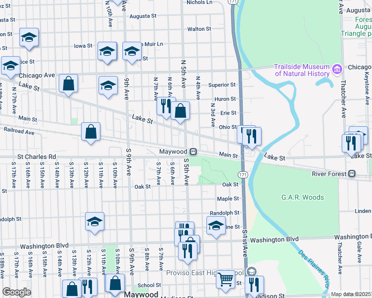 map of restaurants, bars, coffee shops, grocery stores, and more near N 5th Ave & Main St in Maywood