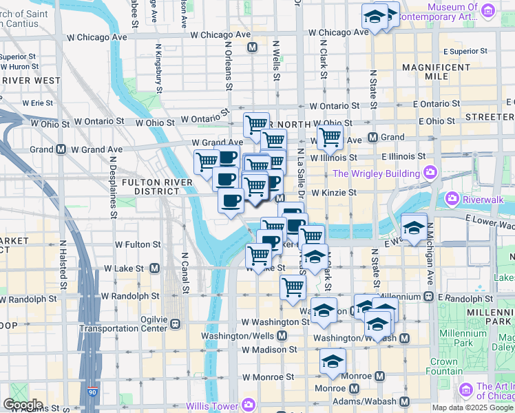 map of restaurants, bars, coffee shops, grocery stores, and more near 161 West Kinzie Street in Chicago