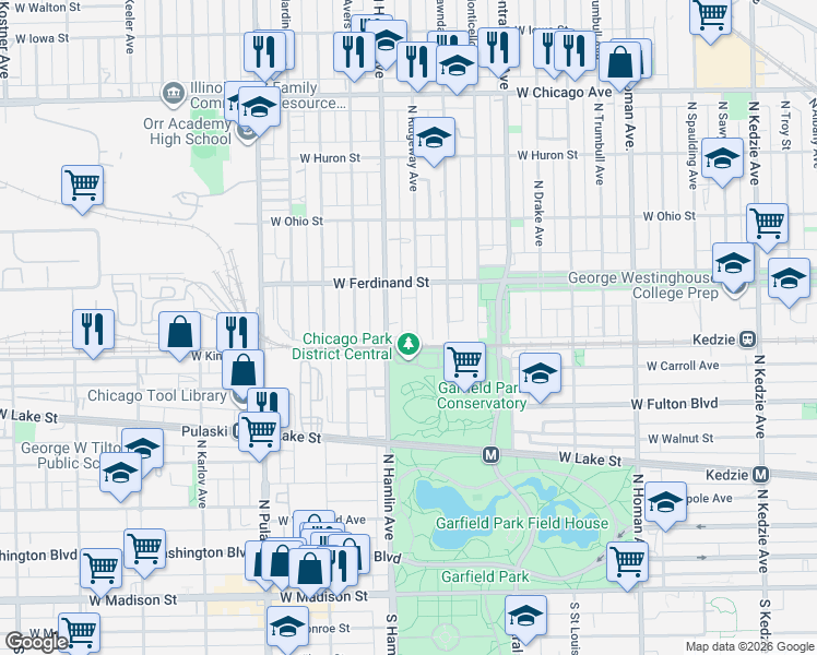 map of restaurants, bars, coffee shops, grocery stores, and more near 432 North Ridgeway Avenue in Chicago