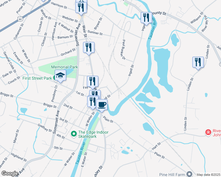 map of restaurants, bars, coffee shops, grocery stores, and more near 15 Weir Avenue in Taunton