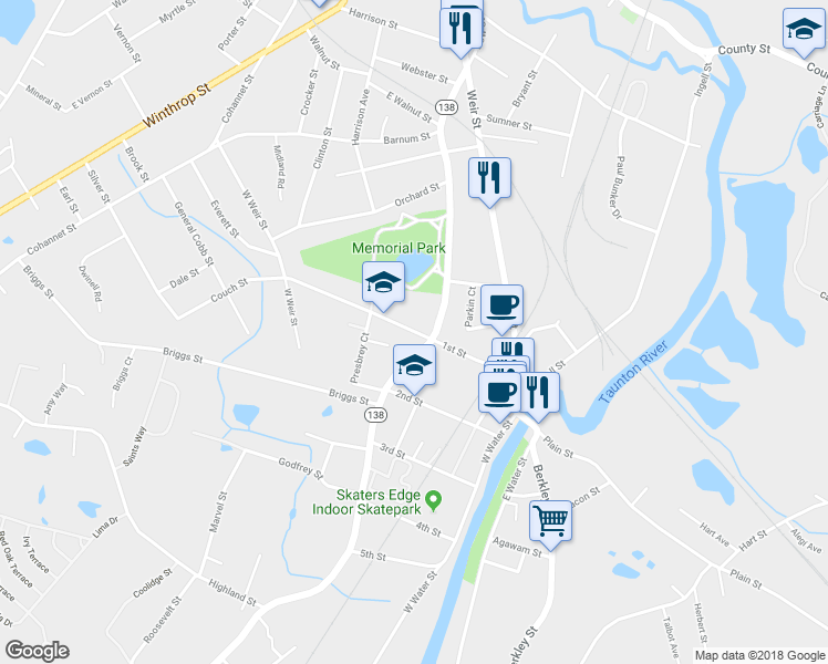 map of restaurants, bars, coffee shops, grocery stores, and more near 44 1st Street in Taunton