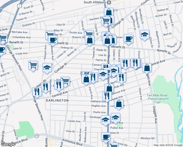 map of restaurants, bars, coffee shops, grocery stores, and more near 133 Chaplin Street in Pawtucket